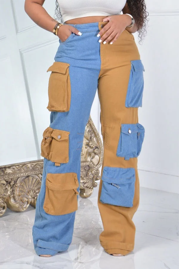 Hit Color Patchwork Casual Multi Pocket Jeans