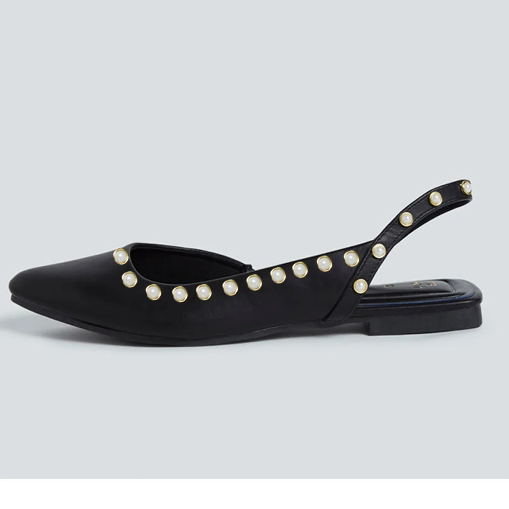 Black  Closed Pointed Toe Slingback Studded Flat Pumps Nicepairs