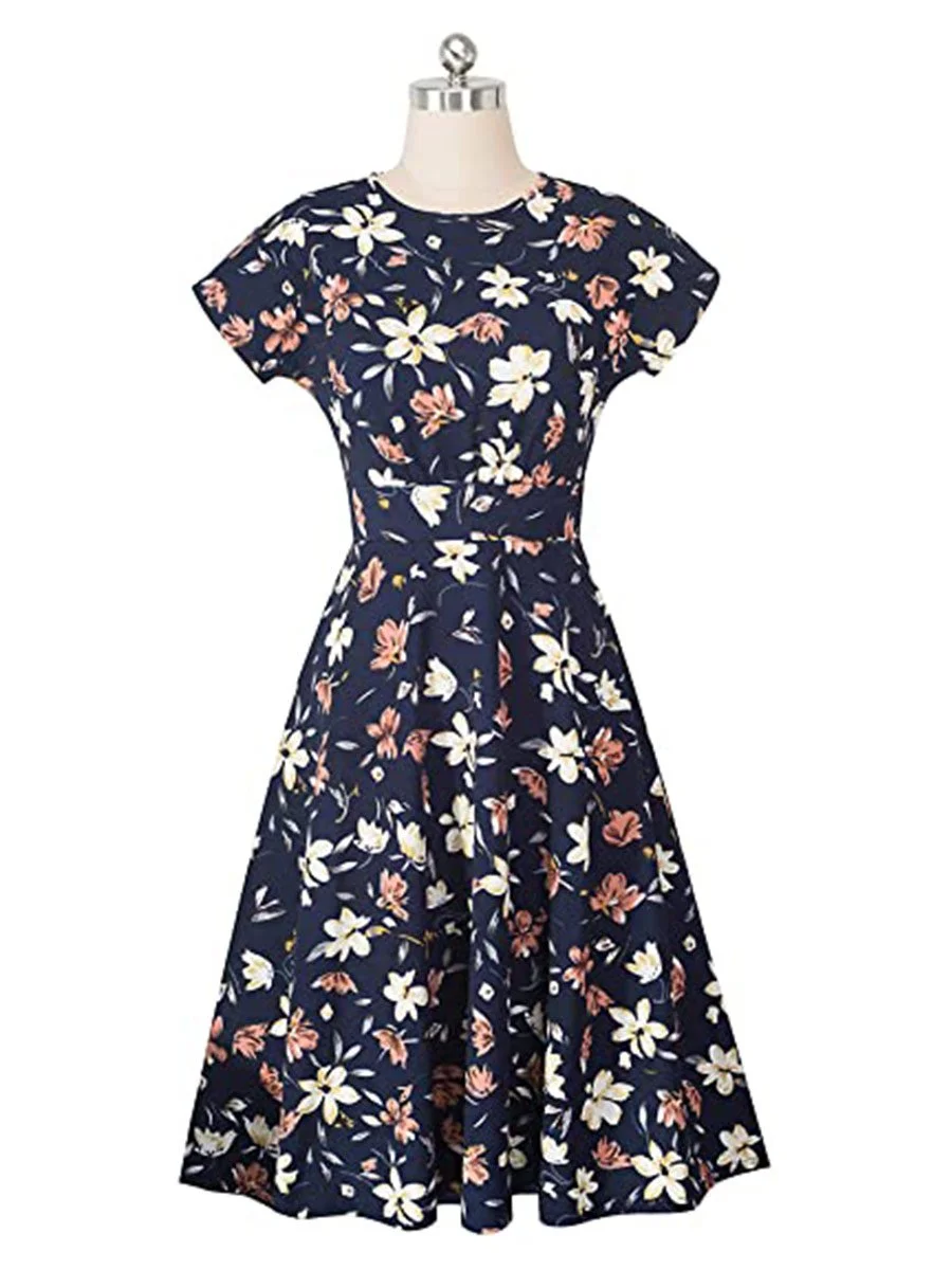 Women's Swing Dress Dark Floral Round Neck Ruched Casual Midi Dress