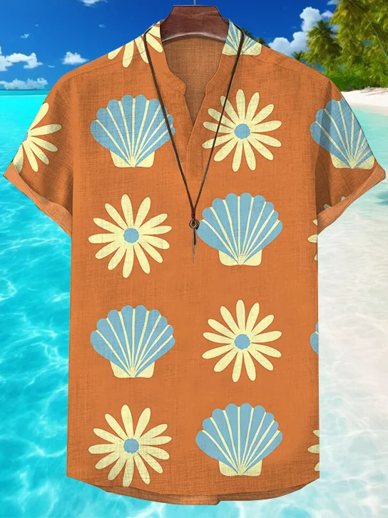 Men's Geometric Art Shell Flower Print Casual V Neck T-Shirt