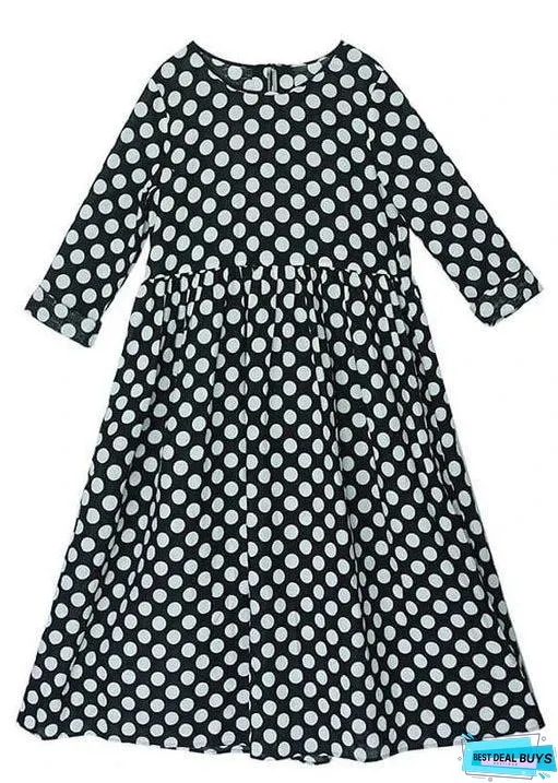 Women Cotton Clothes Plus Size Spring Pleated Long Black Dots Dress ( Limited Stock)