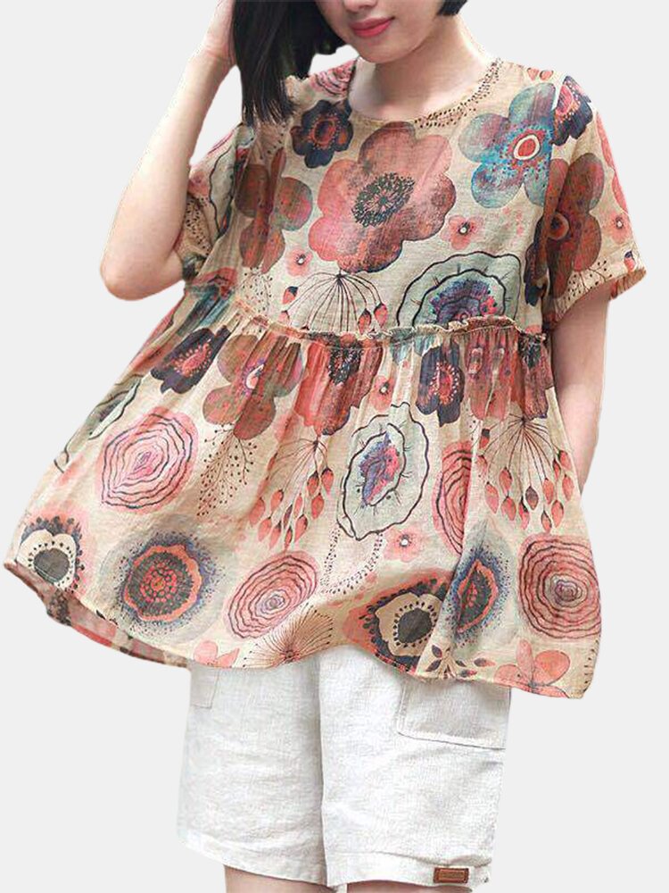 Flower Print Patched Short Sleeve Casual Overhead Blouse P1684377