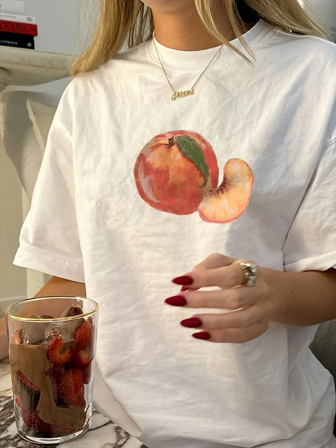 Women's Vintage Peach Print T-Shirt - Soft Round Neck Short Sleeve Tee, Breathable & Comfortable, Casual Summer Top With Strawberry Design, Casual Summer Wear | Relaxed Fit Tee | Soft Fabric Tee | IFYHOME