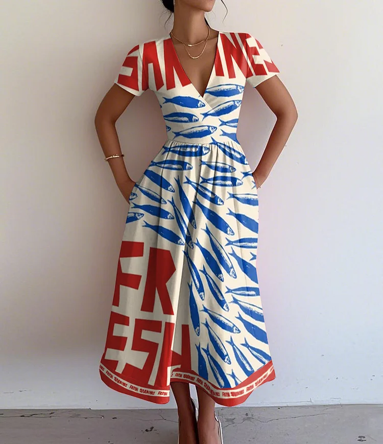 Retro Elegant Sardine Print V-Neck Short Sleeve Dress