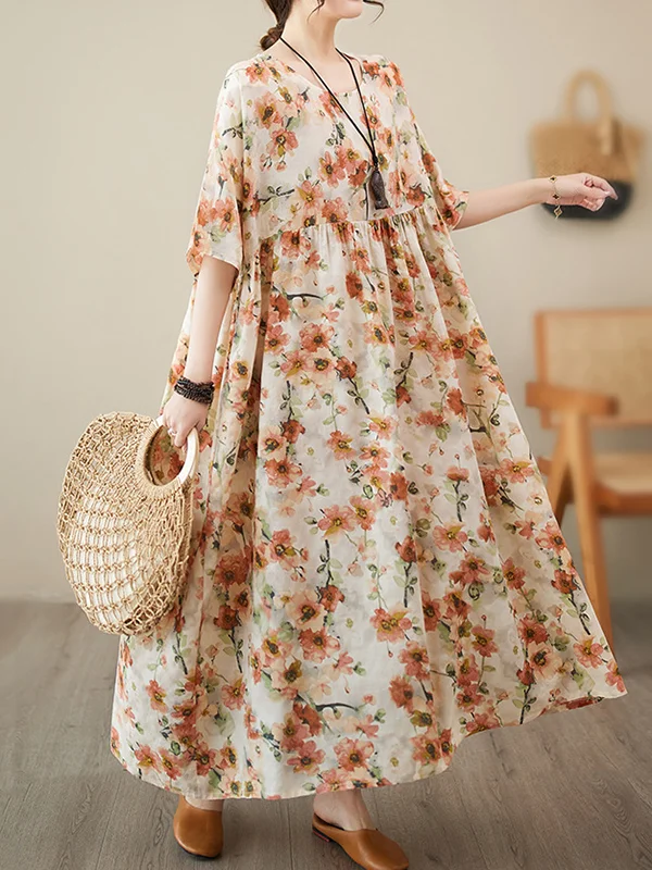 Floral Printed Pleated Split-Joint Loose Raglan Sleeve Round-Neck Midi Dresses