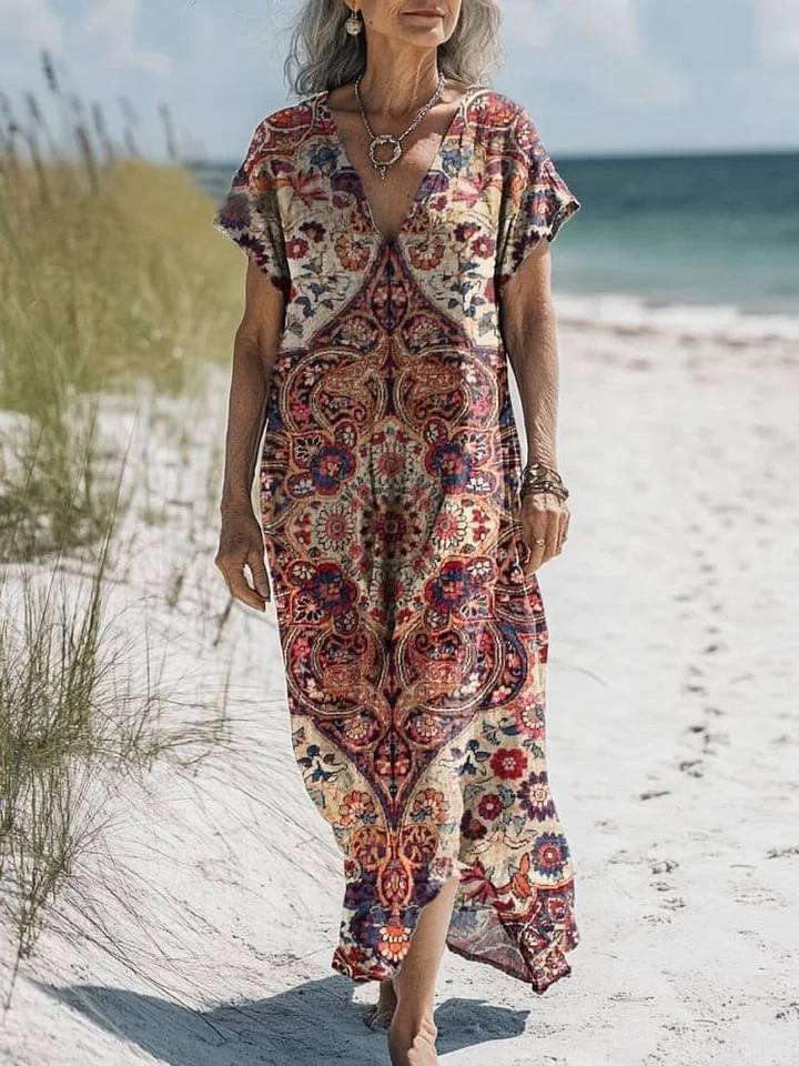 Women's Vintage Lovely Floral Art Print Pocket Cotton Dress