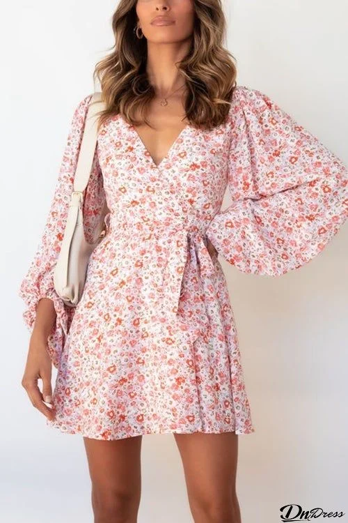 Floral Puff Long Sleeve Mini Wrap Dress