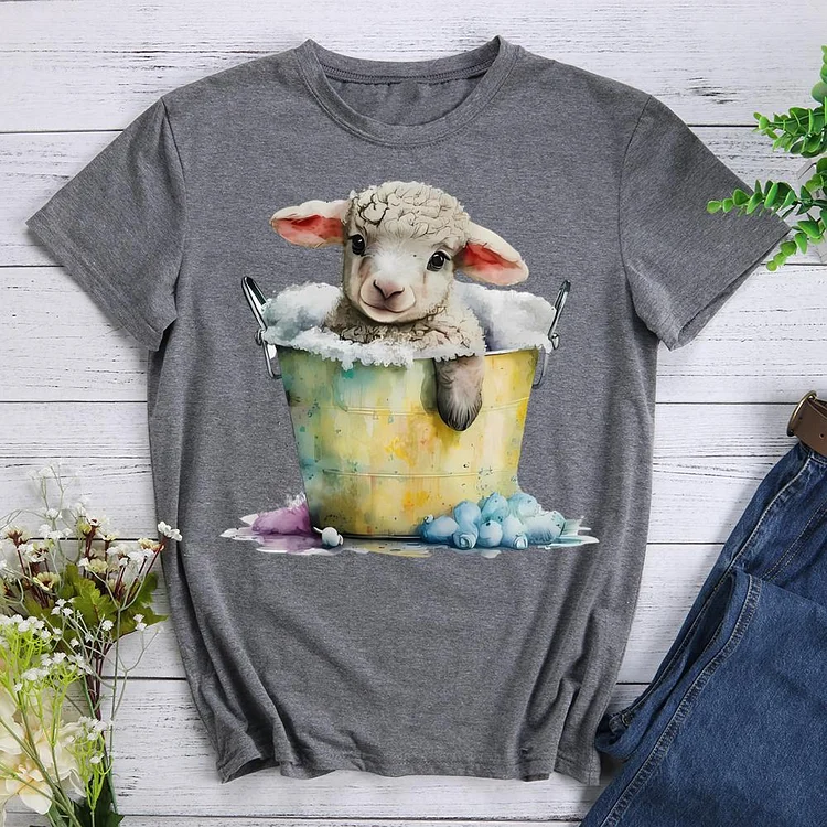 Farm sheep bathing Round Neck T-shirt-0020579