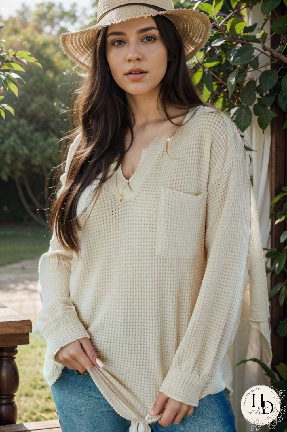 deep v neck long sleeve knitted sweater