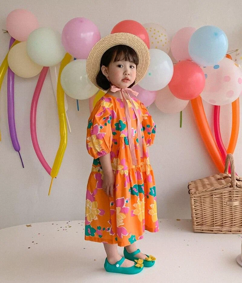 Retro Baby Spring Summer Girls Cotton Dress Kids Teenagers Children Clothes Outwear Puff Long Sleeve High Quality