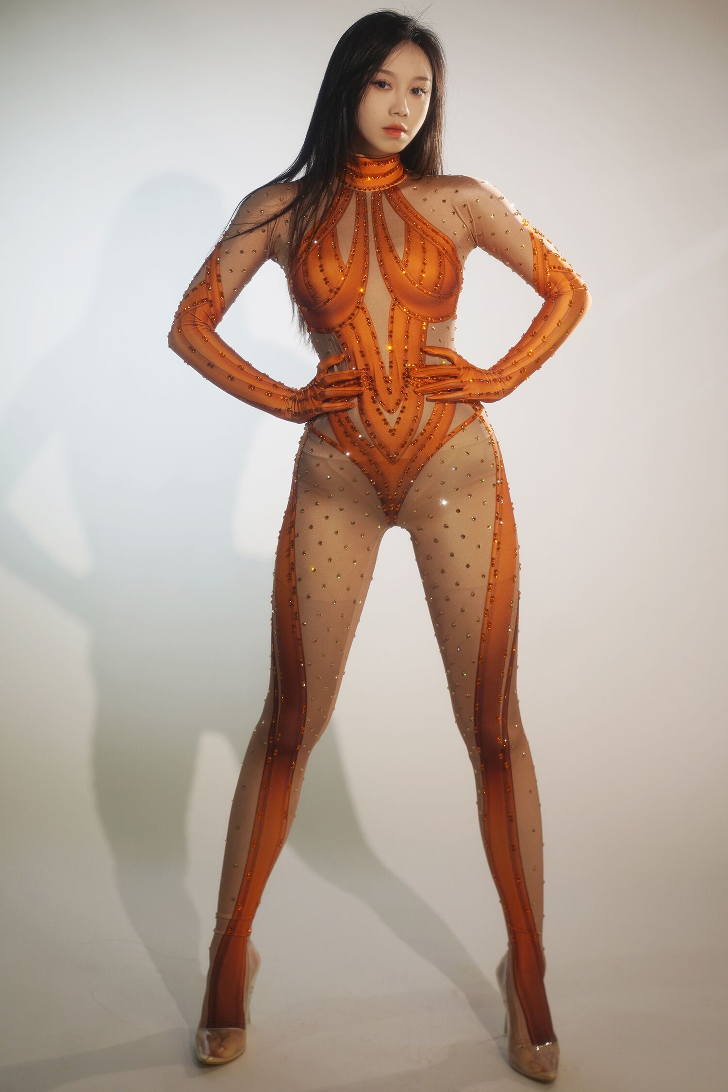GOOSHOE Glisten Stones Orange Silver Jumpsuit Gloves Prom Bodysuit Tiepi