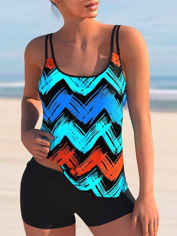 Plus Size Swimwear Sleeveless Bright Striped Graphic Plaid Tankini
