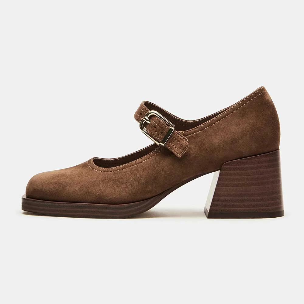 Brown Vegan Suede Square Toe Block Heel Buckle Women Mary Jane Shoes