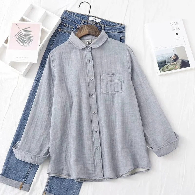 Autumn New Women Cotton Turn Down Collar White Shirt Long Sleeve Pockets Dot Blouse Button Up Loose Spring Casual Tops T09406F
