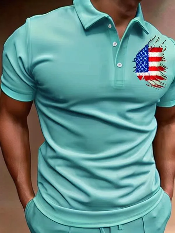 Men's Casual Flag Printed Short Sleeved Polo Shirt at Hiphopee