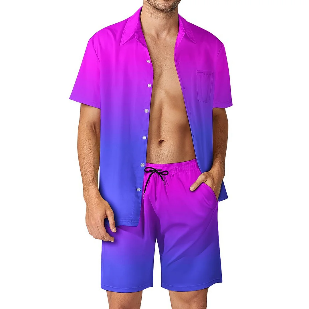 Neon Blue And Hot Pink Ombre Shade Color Fade Men Hawaiian Button Down 2 Piece Shirt Shorts Set Beach Tropical Hawaii Suits