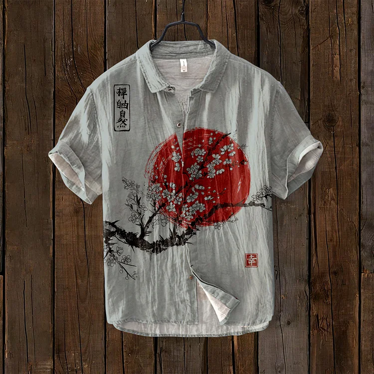 Comstylish Japanese Ink Painting Of Sunrise Art Linen Blend Comfy Shirt