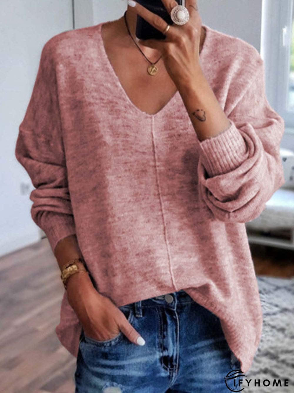 Solid Long Sleeve V-neck Knitted Top | IFYHOME