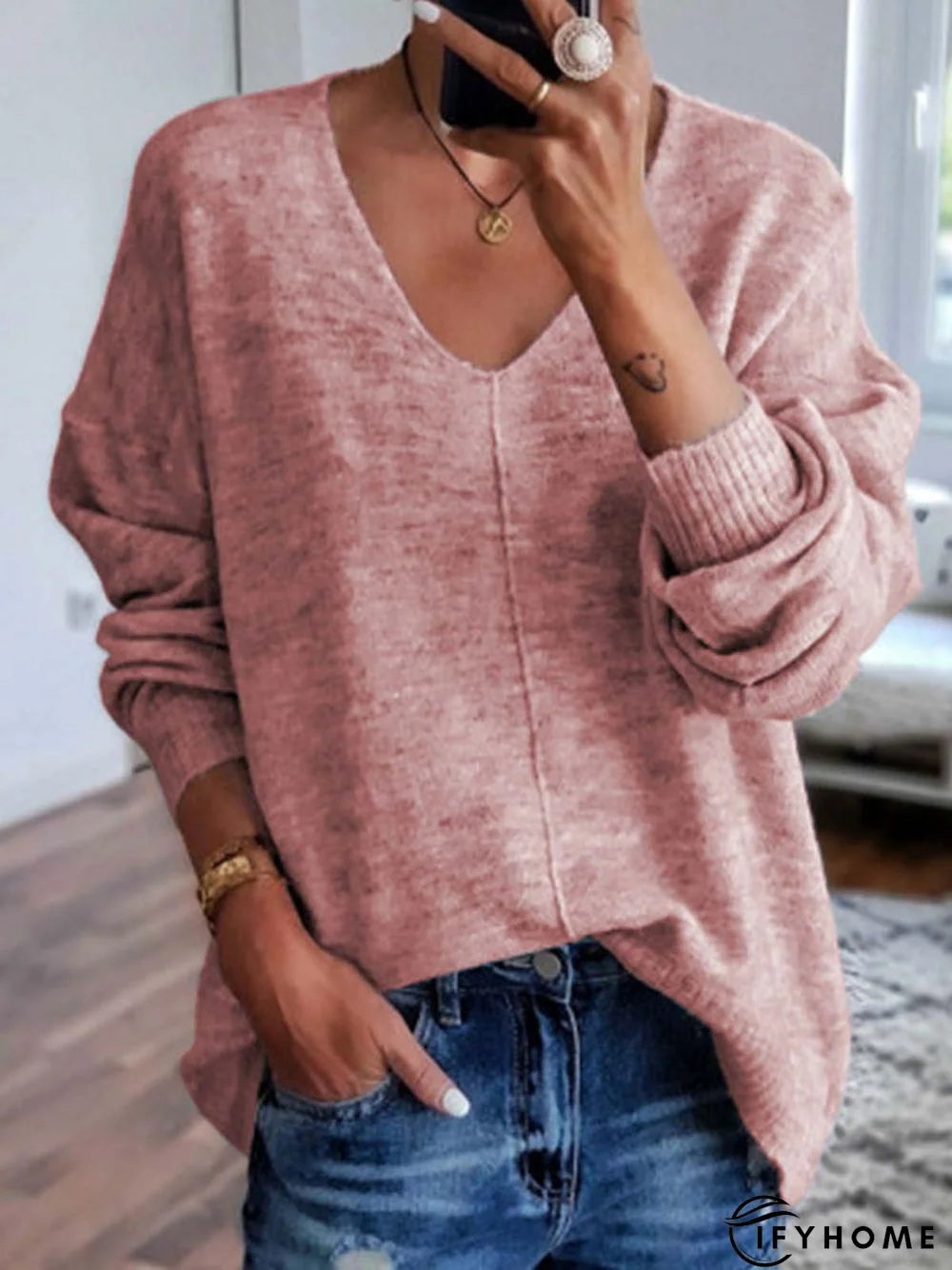 Solid Long Sleeve V-neck Knitted Top | IFYHOME