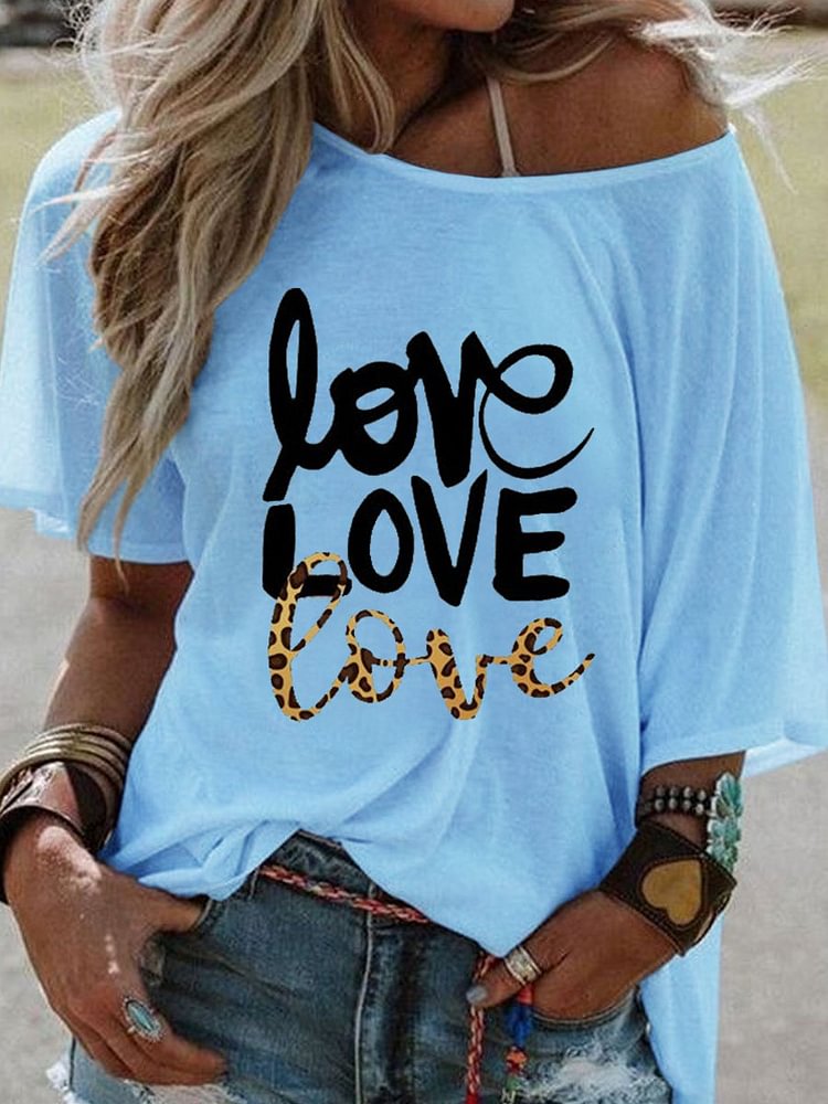 Bestdealfriday Valentine's Day Love Love Love Leopard Print Letter Graphic Large Round Neck Sleeve Top
