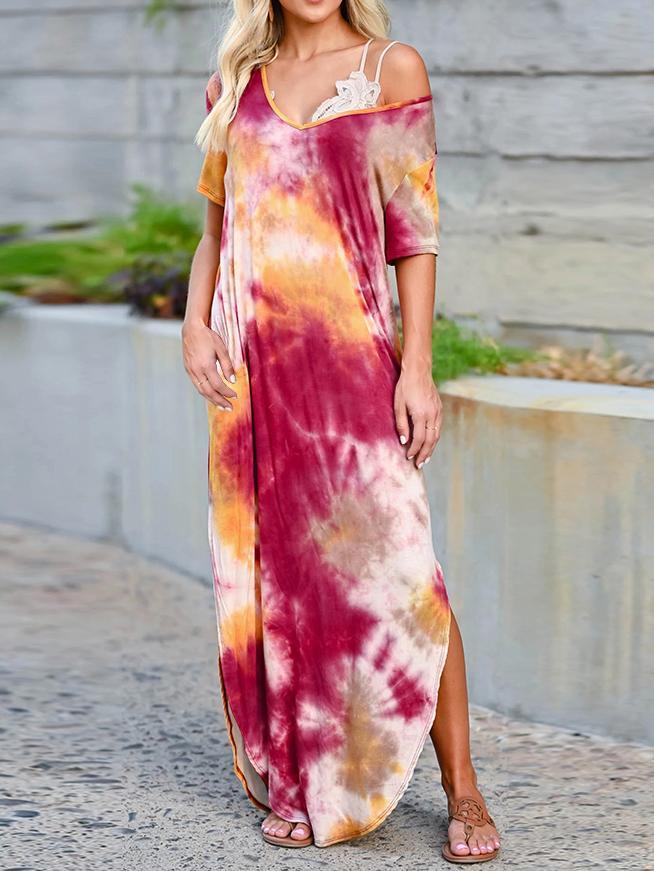 Women Half Sleeve V-neck Solid Color Dress