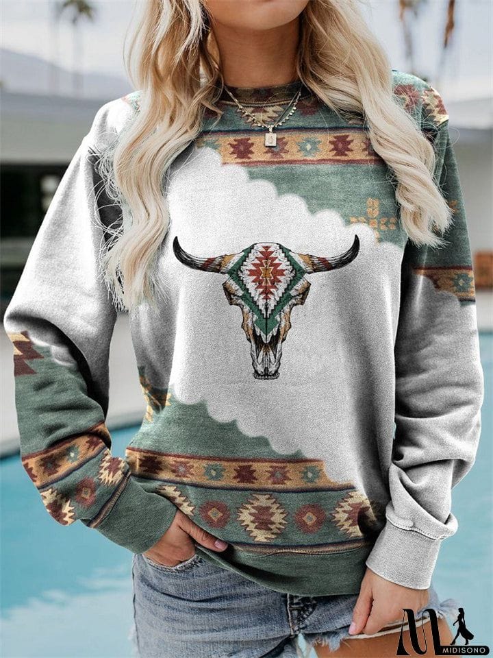 MidiSono - Vintage Printed Round Neck Long Sleeve Shirts For Women