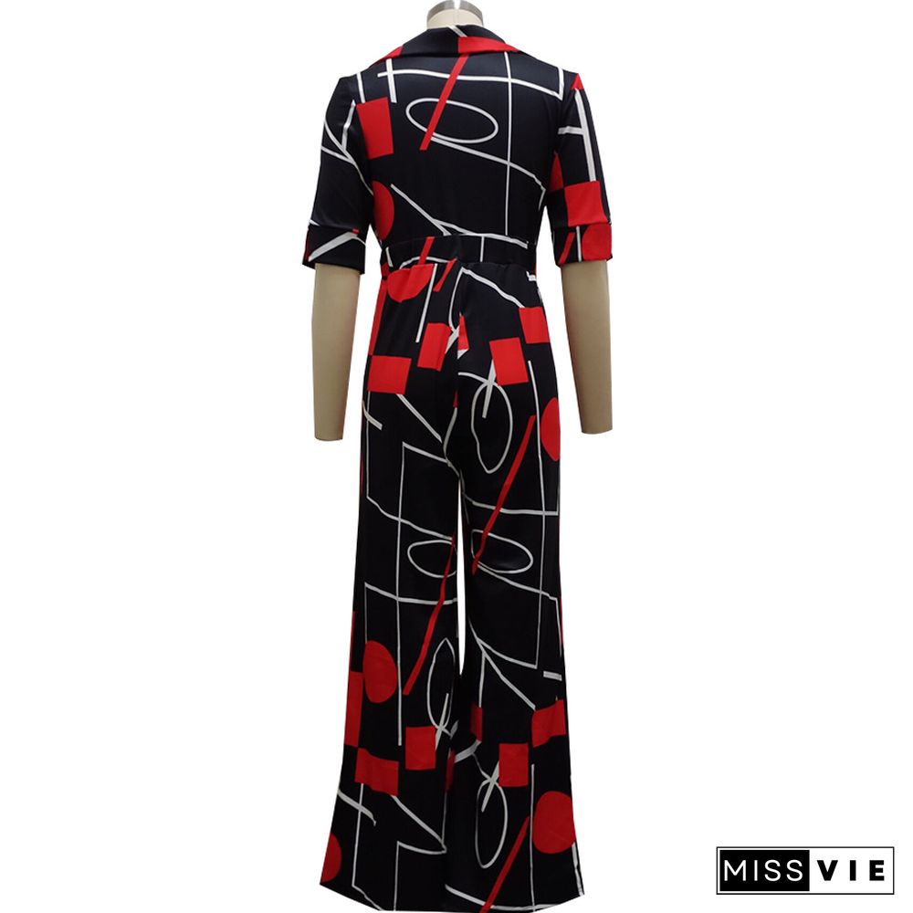 Digital Printed V-neck One Piece Jumpsuit