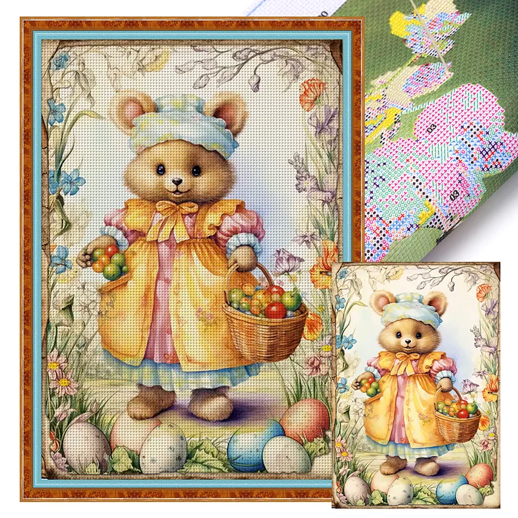 【Huacan Brand】Retro Poster-Easter Egg Brown Bear 11CT Stamped Cross Stitch 40*60CM