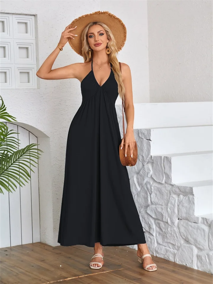 Summer Women's V-neck Neckline Backless Pleated Sleeveless Dress Solid Color Dresses-JRSEE
