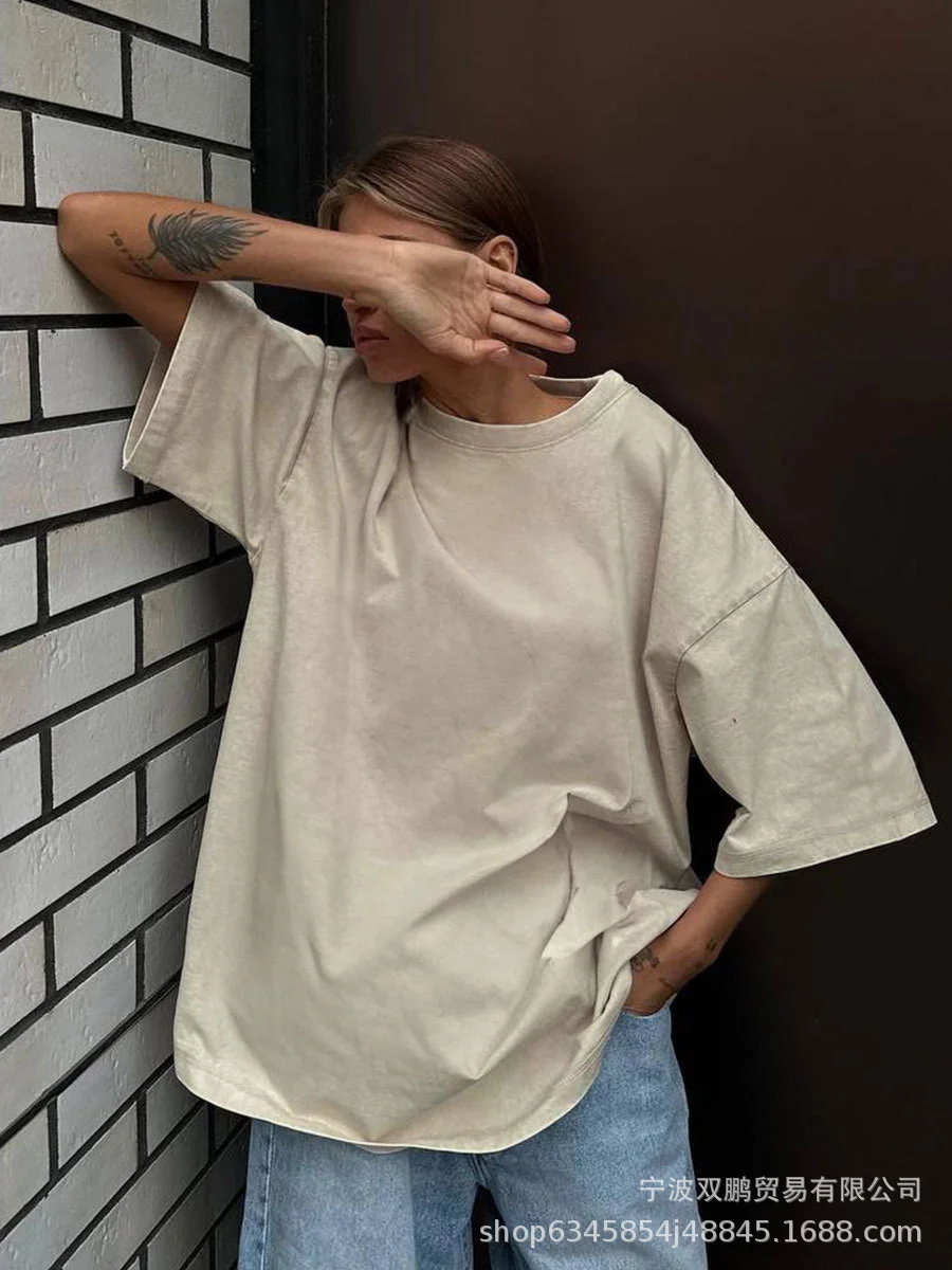 Athvotar Athvotar Simple Wind Loose Water Wash Old Cotton T-Shirt Women Summer Color Loose 260G Cotton Short-Sleeved Top Woman