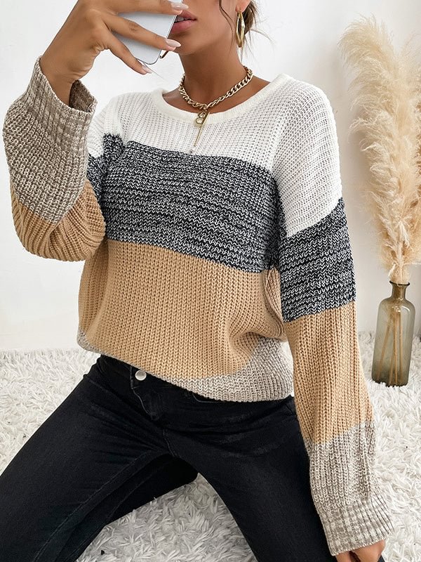 Women Long Sleeve Scoop Neck Knit Stitching Women Sweaters