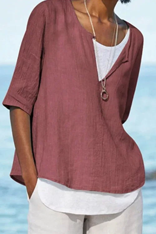 Solid Half Sleeve Cotton Linen Blouse Shirt