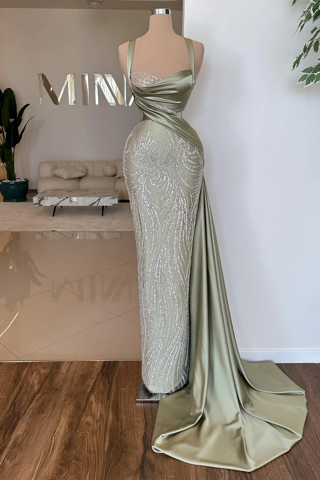 Bellasprom Dusty Sage Sweetheart Sleeveless Mermaid Prom Dress Straps With Beads
