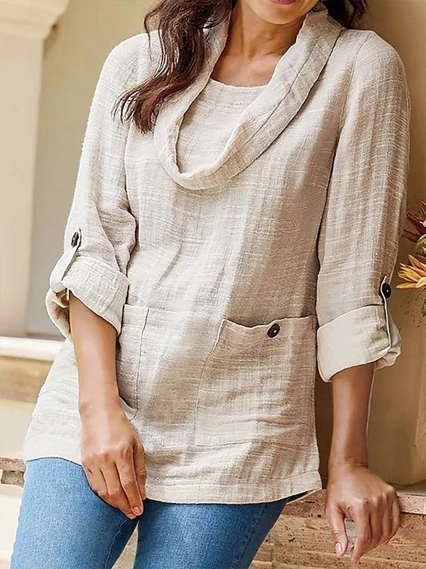 Women‘s Beige Linen Blouse Button Pocket Long Sleeve Casual