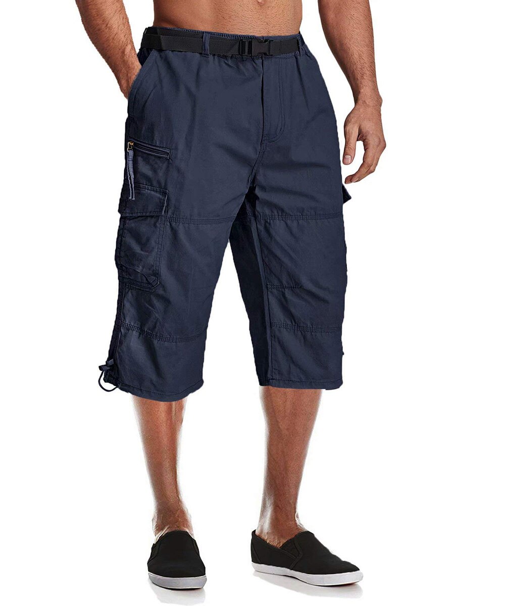 Men Summer Casual 3/4 Long Cargo Twill Cotton Elastic Waist Multiple Pockets Baggy Comfortable Capris Trousers