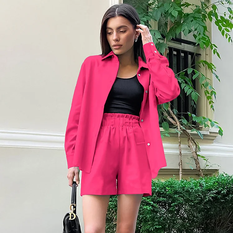 Simple Long Sleeve Shirt and Wide Leg Shorts Suits - yankia