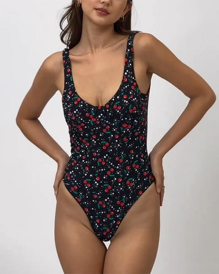 Women's cherry print one-piece swimsuit