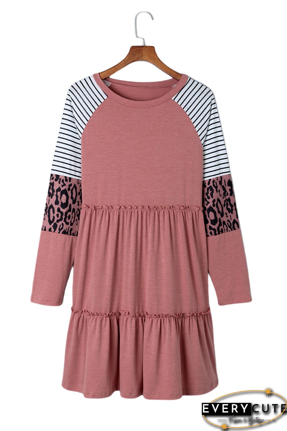 Pink Striped Leopard Patchwork Long Sleeve Mini Dress