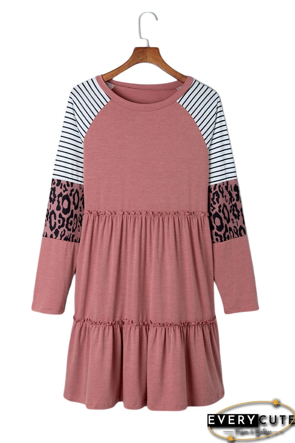 Pink Striped Leopard Patchwork Long Sleeve Mini Dress