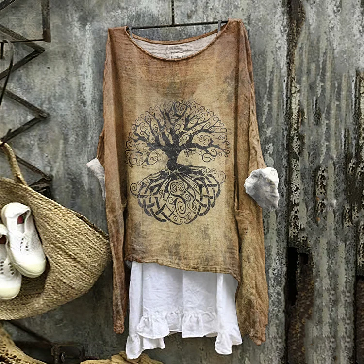 Vintage Tree Of Life Gradient Print Crew Neck Shirt