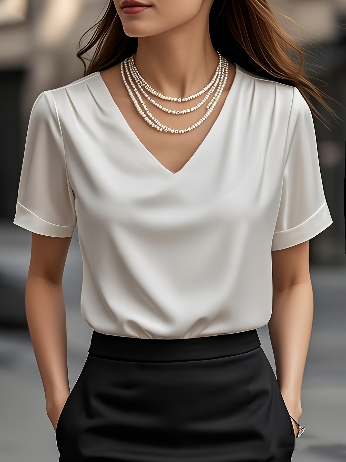 [Elegant Summer Blouse] Lightweight Elegant Women's Summer Short Sleeve V-Neck Blouse | Solid Color Top, Machine Washable Regular Fit for Office, Casual & Formal Occasions, Sophisticated Texture, Nontransparent Material, Versatile, Classic Style