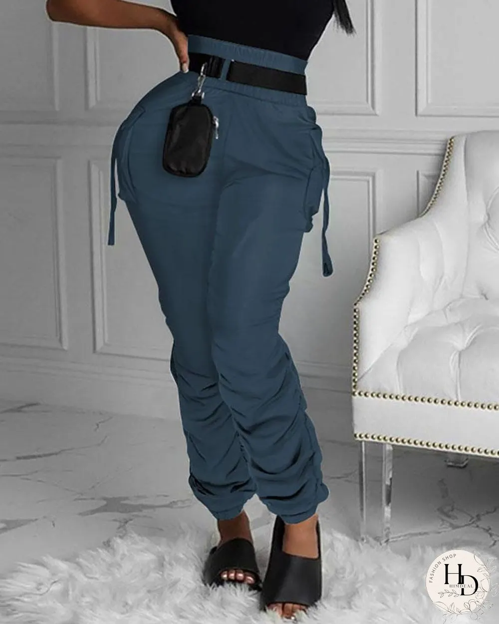 Pocket Design Ruched Plain Pants P14088