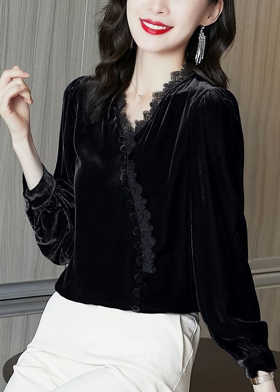 Black Patchwork Silk Velour Shirt Tops V Neck Long Sleeve