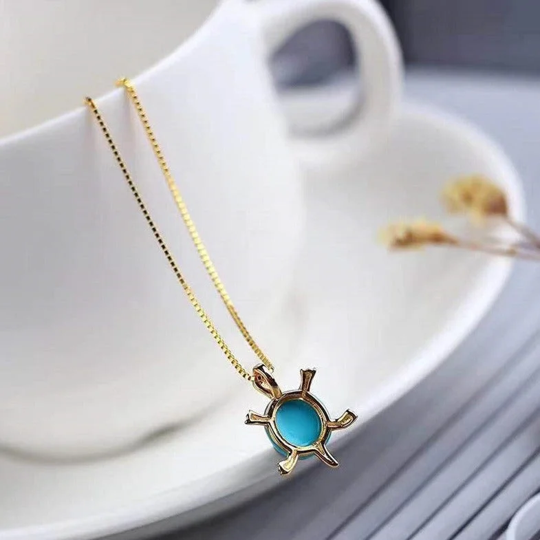 Natural Turquoise Turtle Longevity Wealth Peace Pendant Chain Necklace