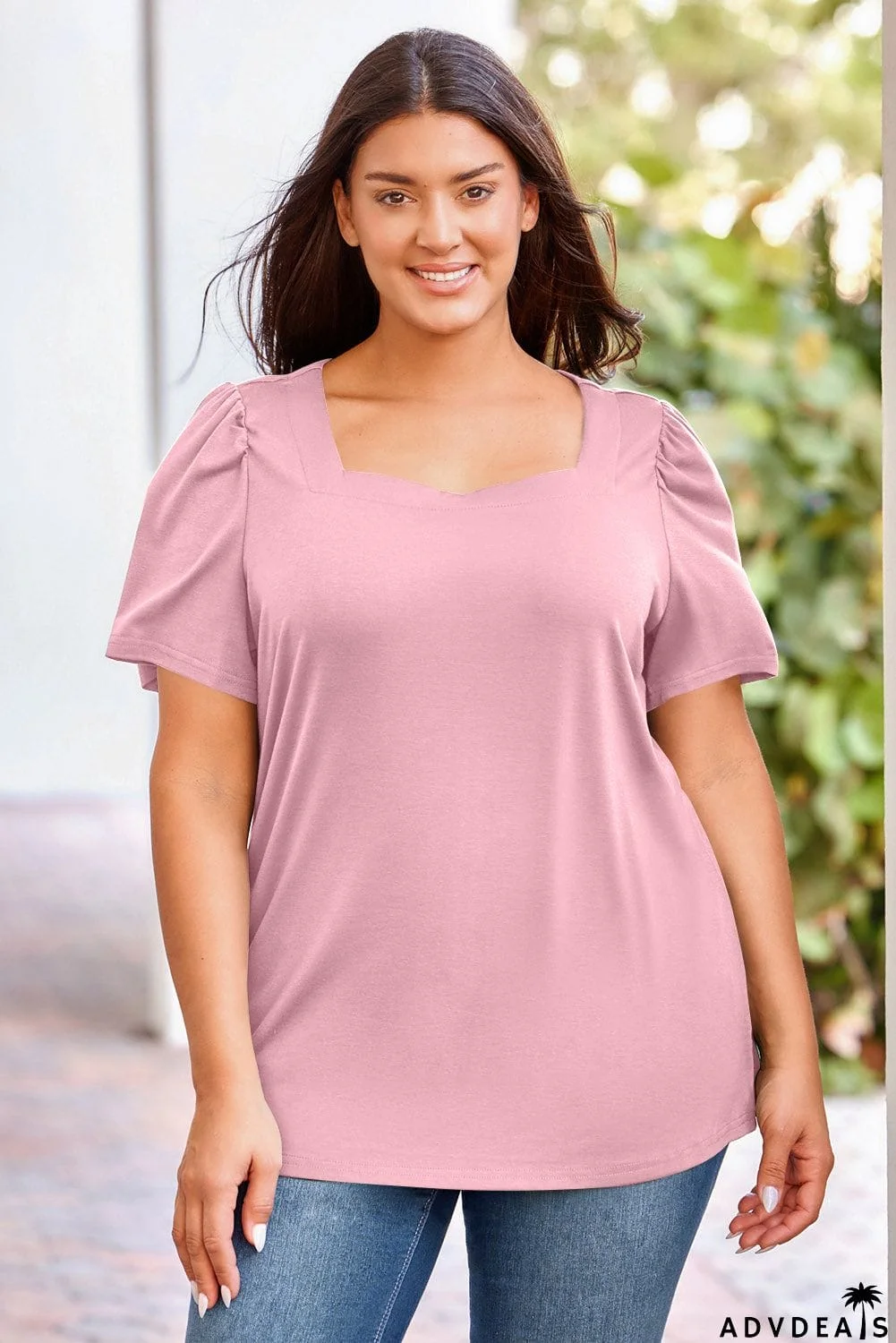 Plus Size Square Neck Puff Sleeve Tee