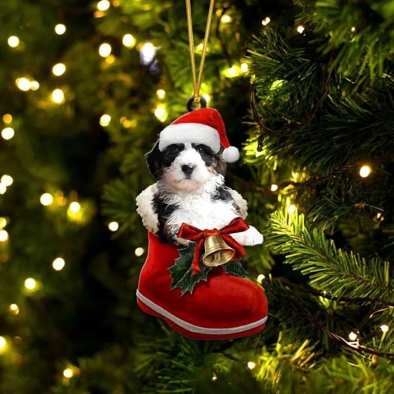 VigorDaily Bernedoodle In Santa Boot Christmas Hanging Ornament SB002