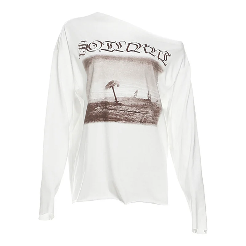 Toloer Toloer Summer 2024 Women's Fashion Trend Hip-Hop Print Loose, Long-Sleeve Off-The-Shoulder T-Shirt-Outfit Ideas