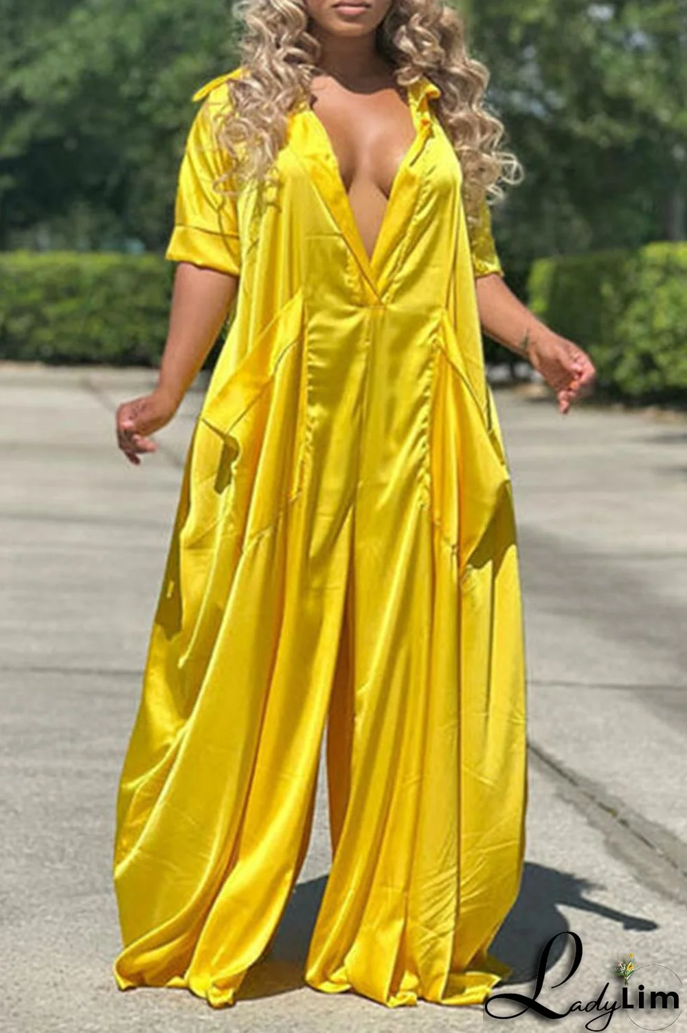 Yellow Casual Solid Patchwork Turndown Collar Loose Jumpsuits