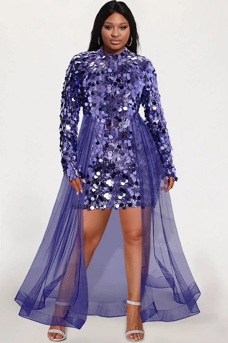 Xpluswear Design Plus Size Party Dress Blue Long Sleeve Sequin Overlay Skirt Mini Dresses [Pre-Order]