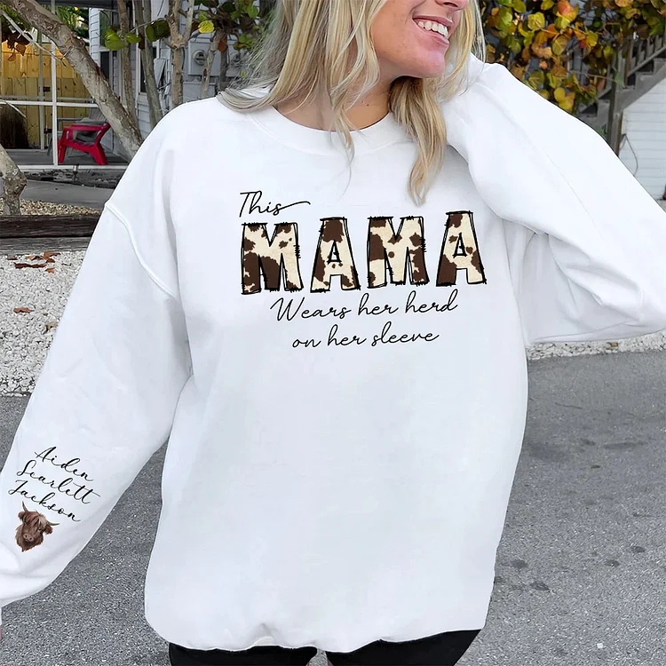 Custom Cow Momma Sweatshirt, Personalized Gifts, Mothers Day Gift, Cow Print Mama Hoodie, Custom Kids Name On Sleeve